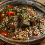 Steaming bowl of beef barley soup with vegetables