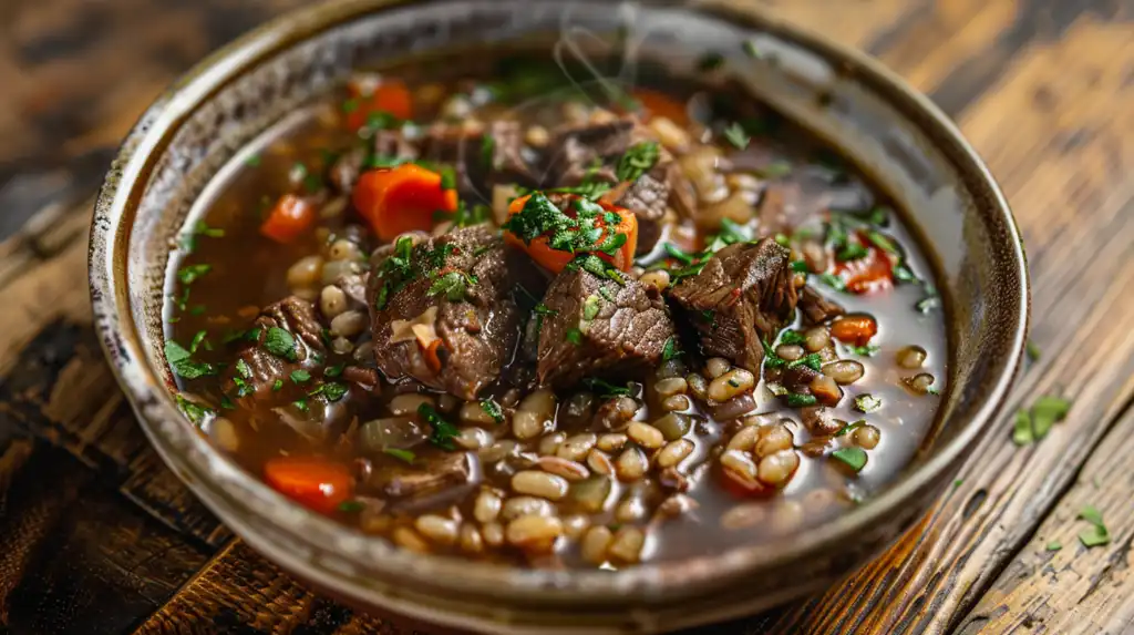 Steaming bowl of beef barley soup with vegetables