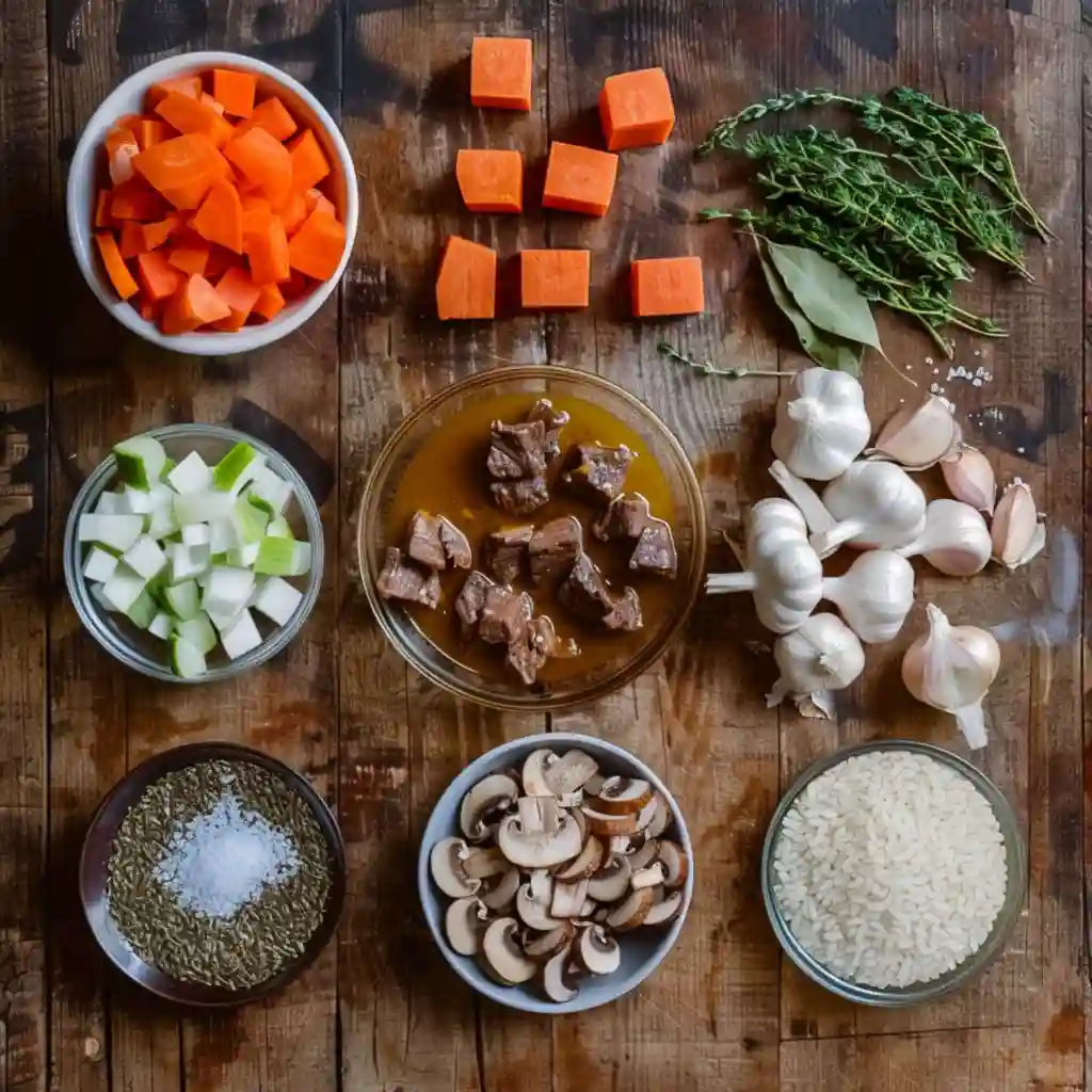 Ingredients for Beef Barley Soup Recipe arranged on a rustic table