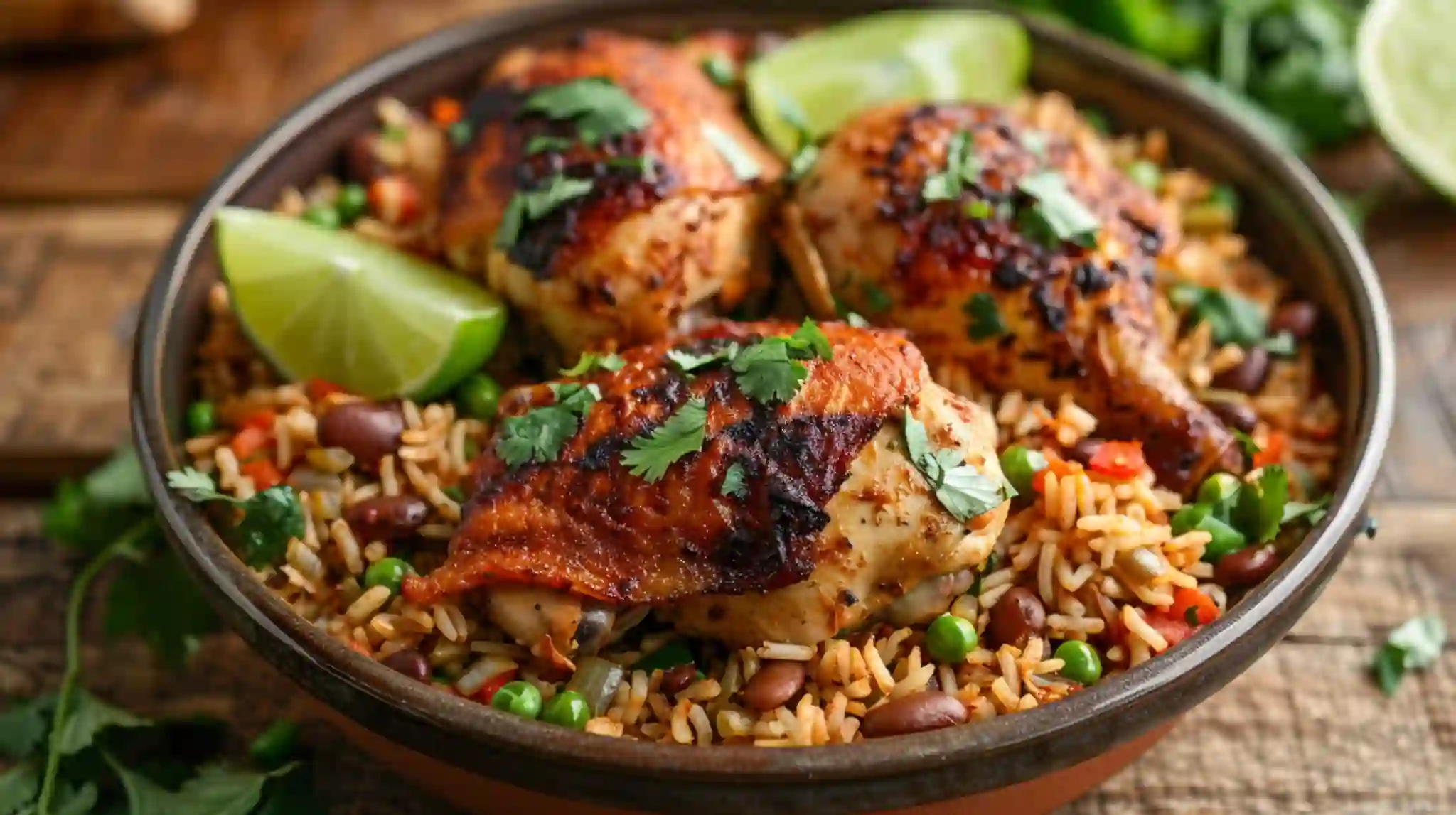 Bowl of Caribbean Chicken and Rice with lime wedges