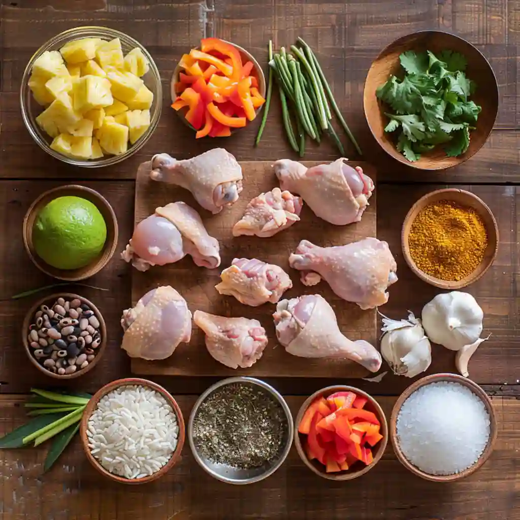 Ingredients for Caribbean Chicken and Rice arranged on a table