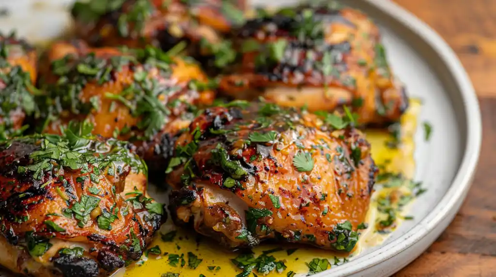 Juicy chimichurri chicken thighs garnished with fresh herbs