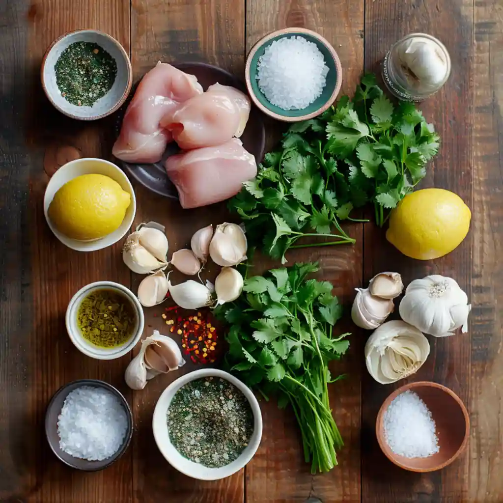 Ingredients for chimichurri chicken thighs laid out on a wooden table