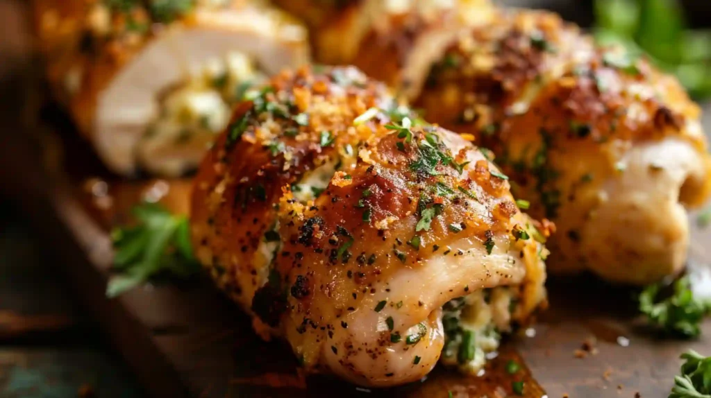Close-up of herbed ricotta stuffed chicken rolls with crispy topping