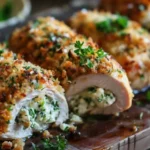 Sliced herbed ricotta stuffed chicken rolls on a wooden board