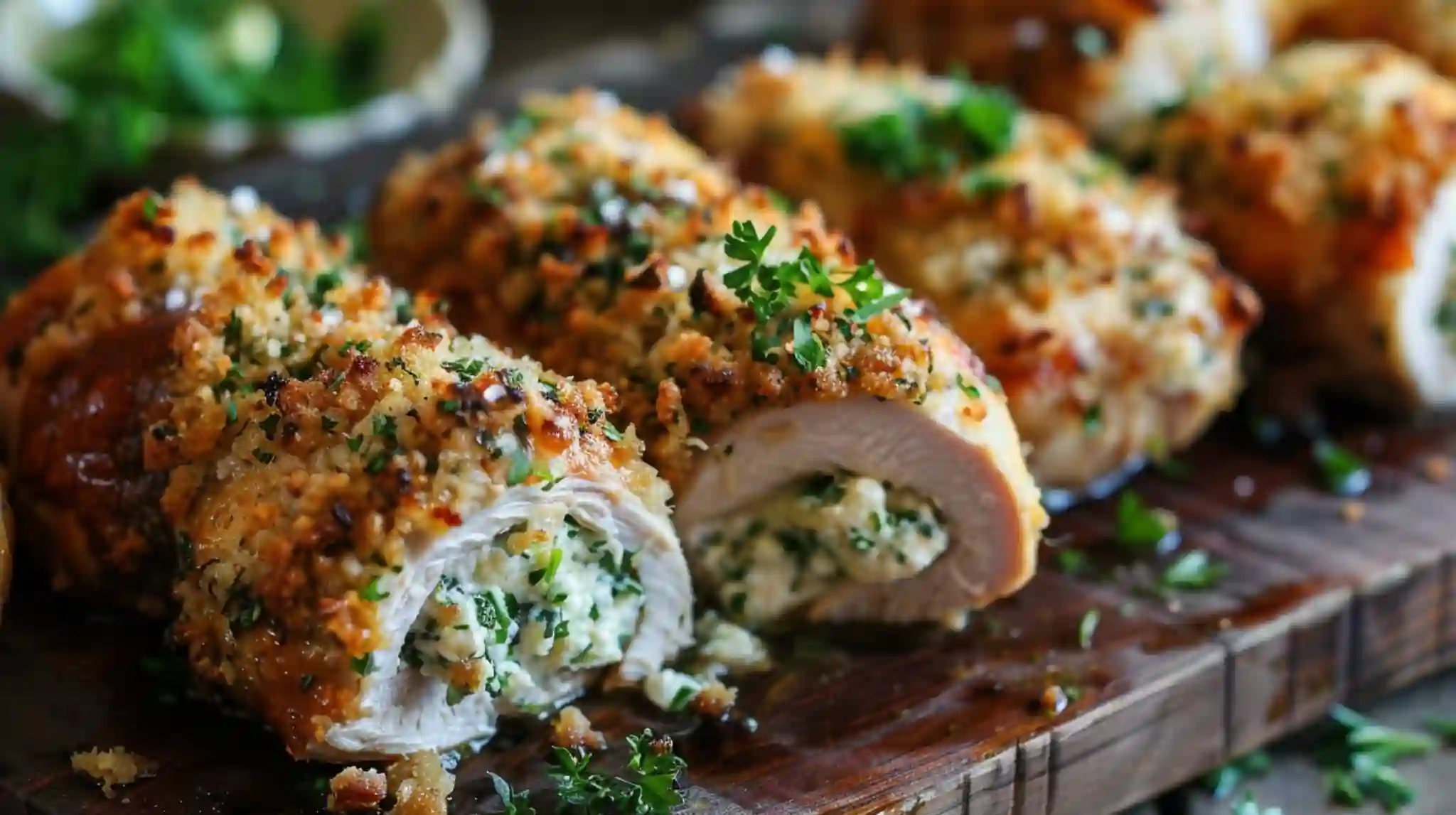 Sliced herbed ricotta stuffed chicken rolls on a wooden board