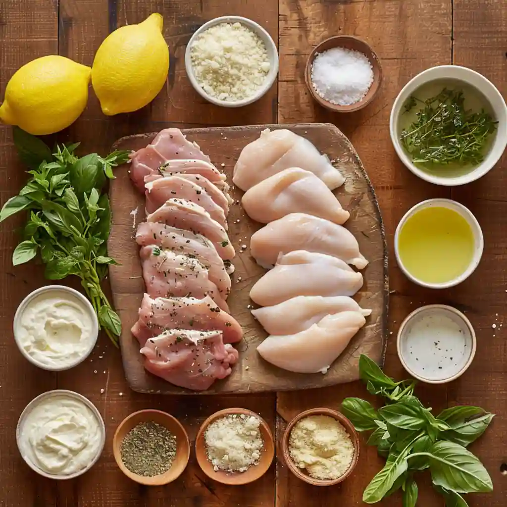 Ingredients for herbed ricotta stuffed chicken rolls on a wooden surface
