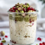Creamy Pistachio Overnight Oats in a glass jar topped with pomegranate and pistachios