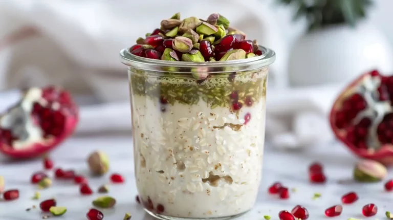 Creamy Pistachio Overnight Oats in a glass jar topped with pomegranate and pistachios