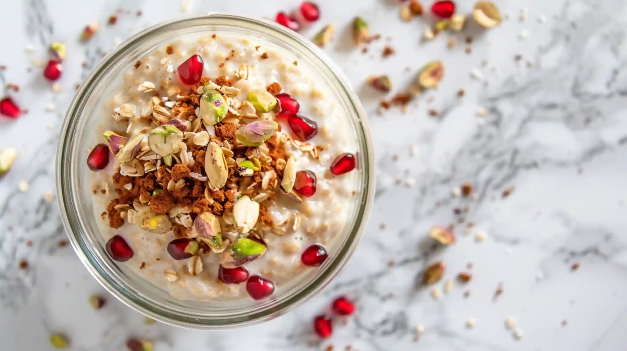 Top view of Pistachio Overnight Oats garnished with pomegranate and cinnamon
