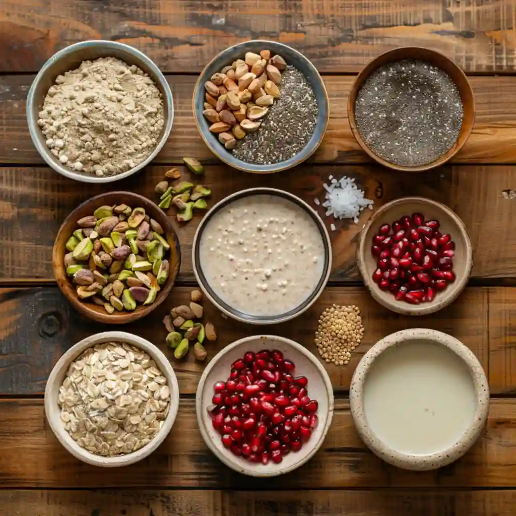 Ingredients for Pistachio Overnight Oats arranged on a wooden table