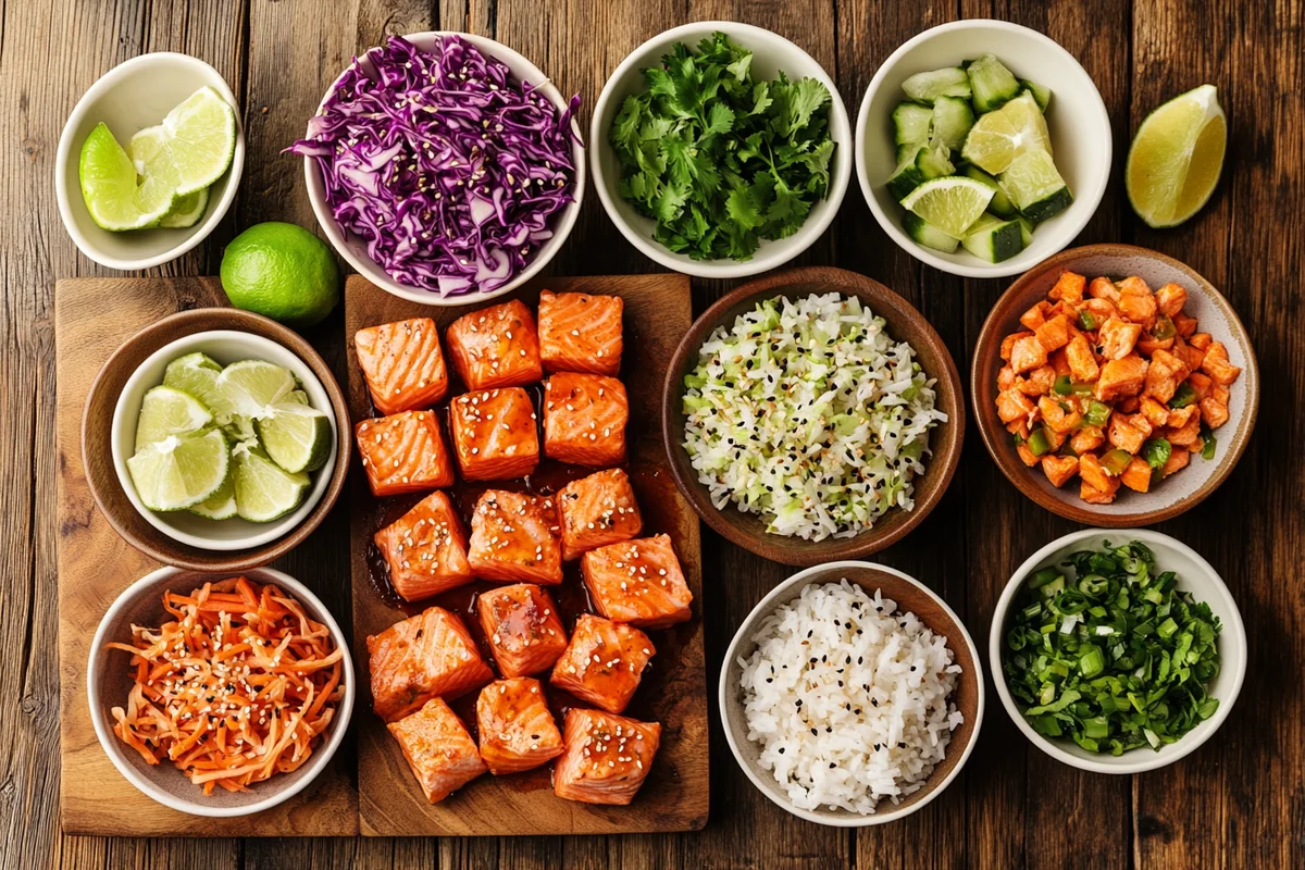 Fresh ingredients for Bang Bang Salmon Bites Bowls