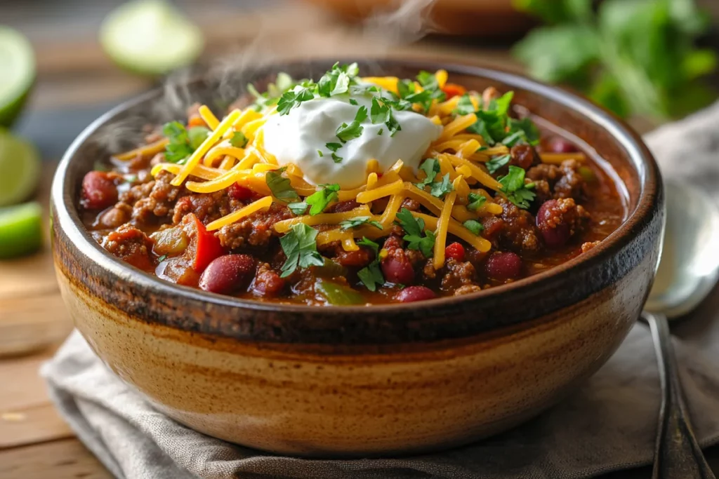 Beef and Chorizo Chili served on a plate