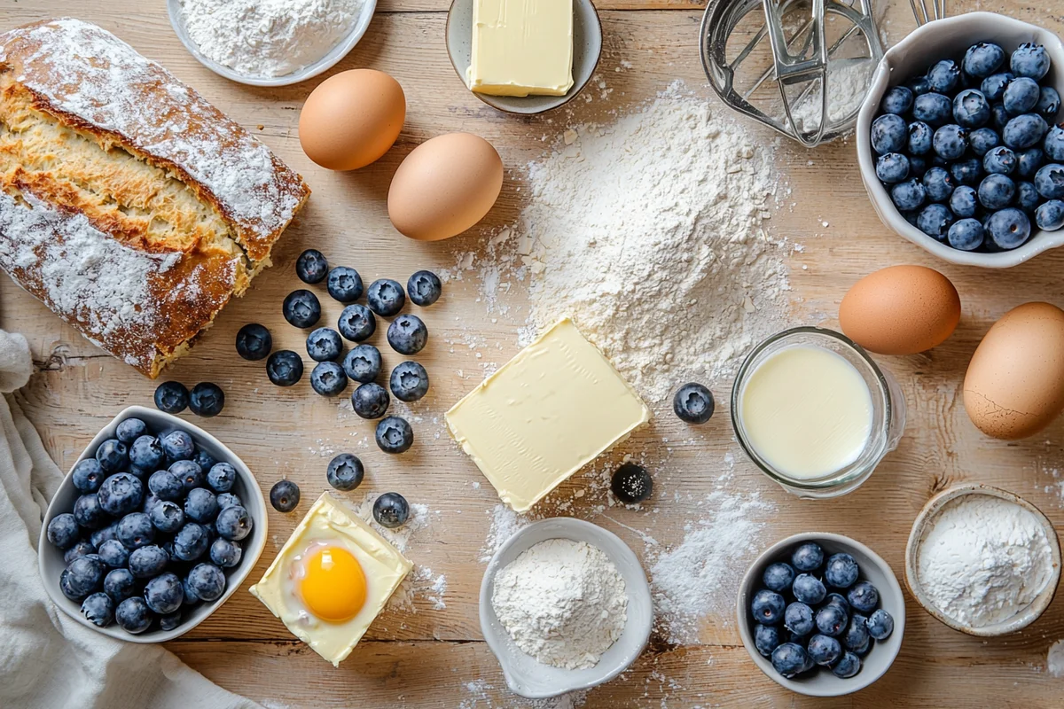 Fresh ingredients for BLUEBERRY CREAM CHEESE BREAD laid out on counter