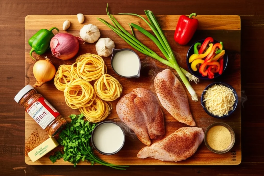 Family-style bowl of Cajun Chicken Alfredo ready to serve