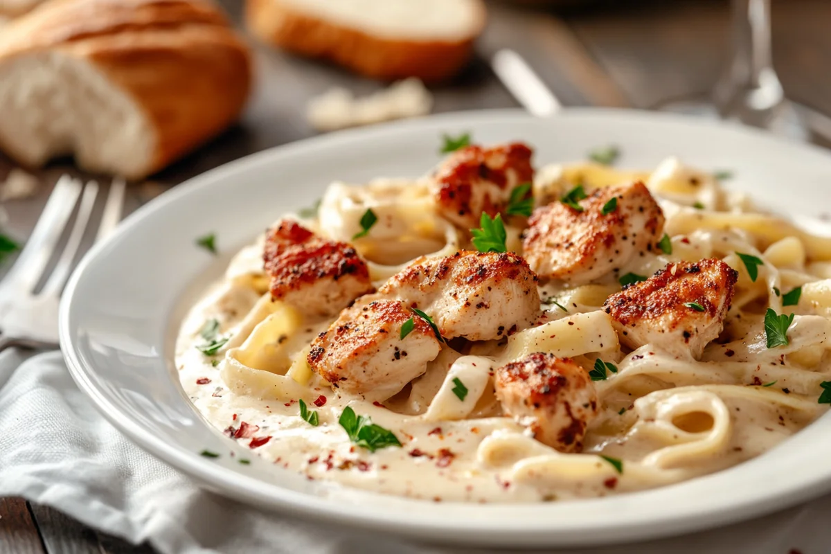 Finished Cajun Chicken Alfredo plated with fresh parsley garnish
