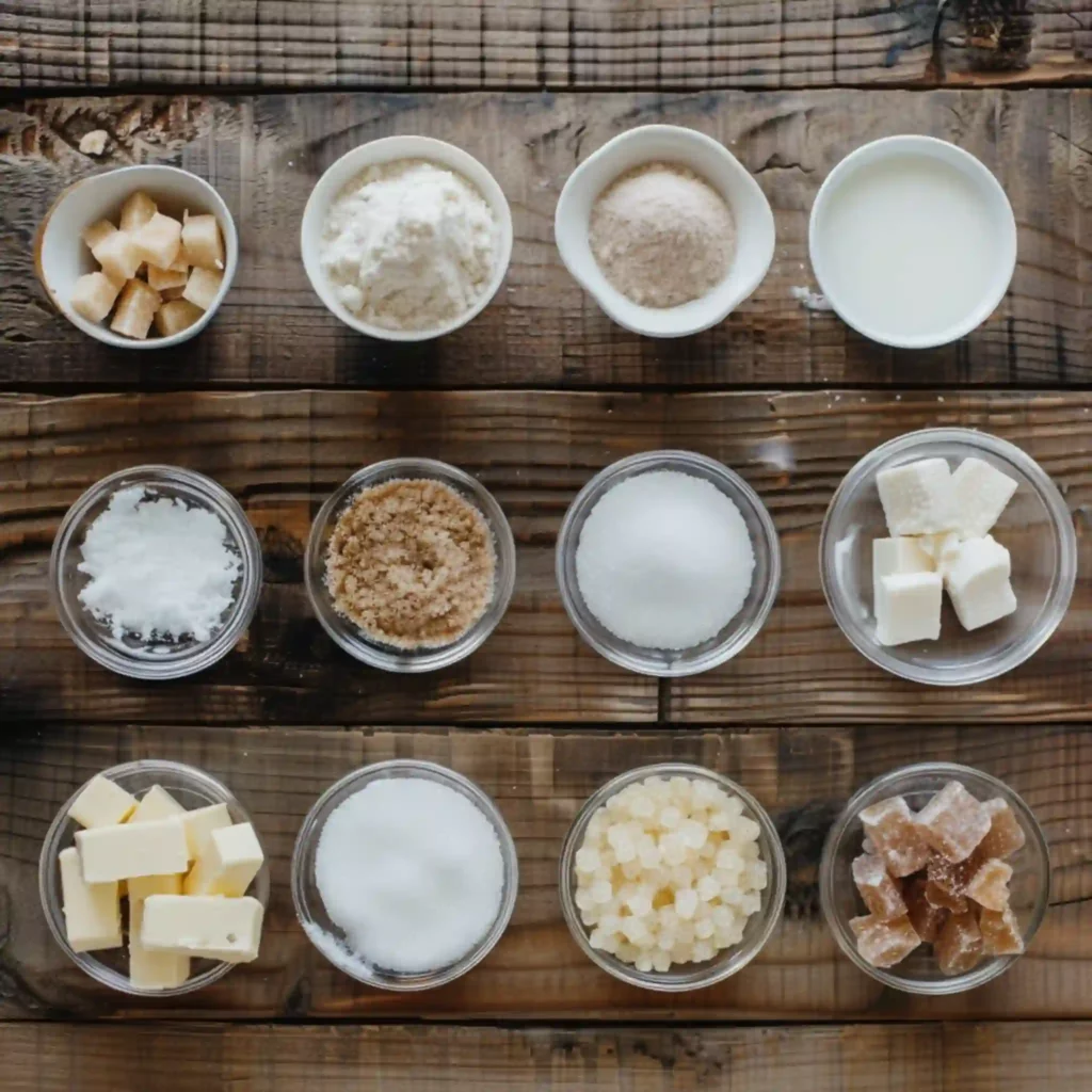 Caramel recipe ingredients including sugar, butter, and cream
