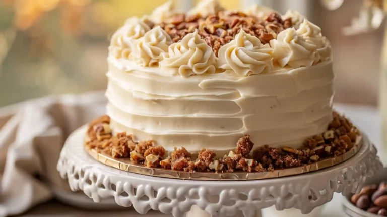 Catch a husband cake with white frosting and pecan crumble topping