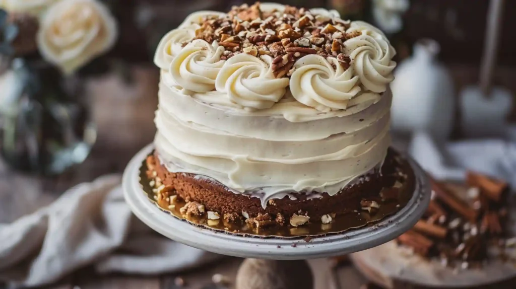 Catch a husband cake with cinnamon frosting and toasted pecans