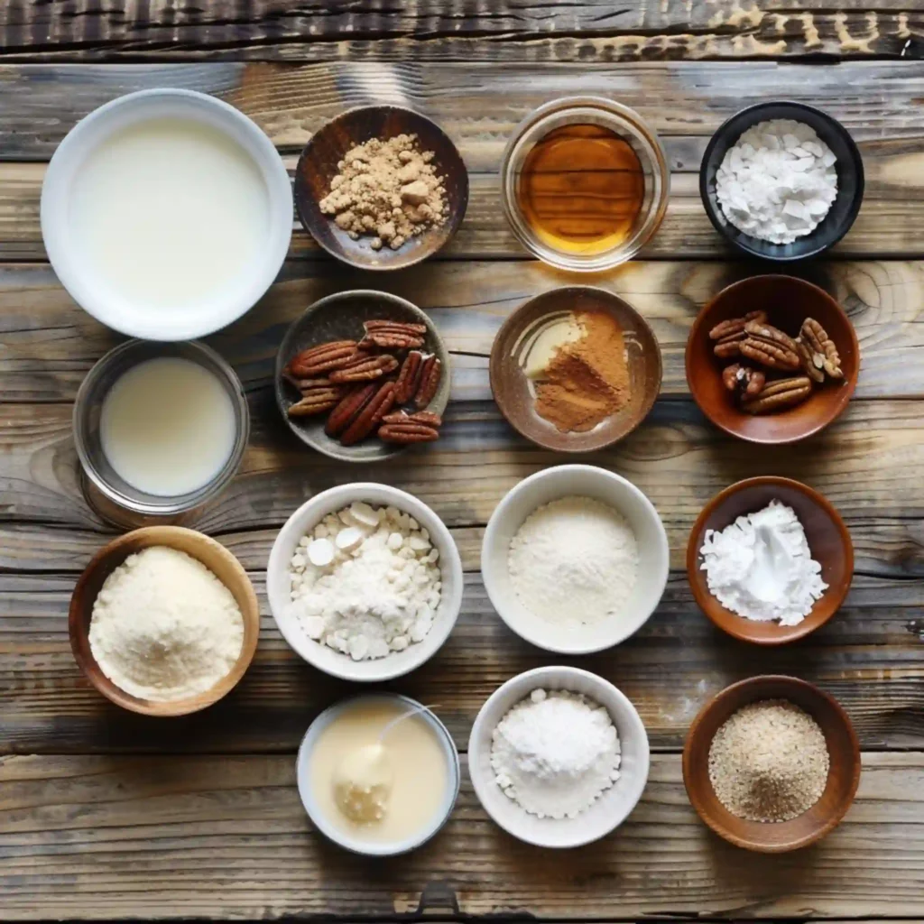 Ingredients for catch a husband cake including milk, pecans, flour, and spices