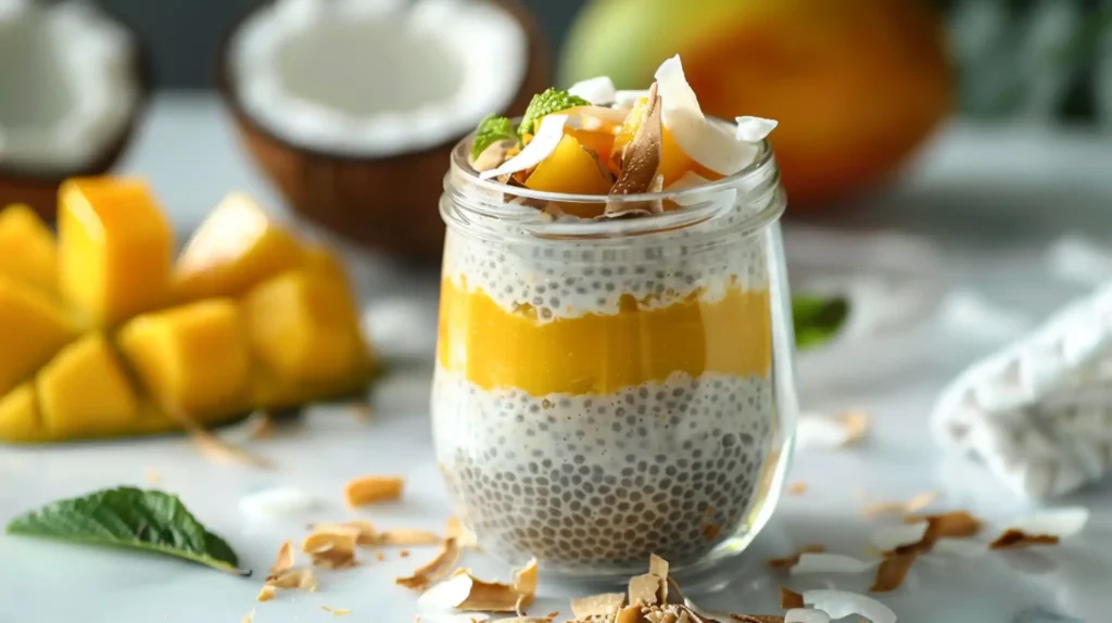 Chia seed pudding with coconut milk and mango in a glass jar