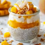 Chia seed pudding with coconut milk and mango in a clear jar