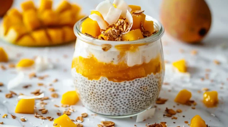 Chia seed pudding with coconut milk and mango in a clear jar