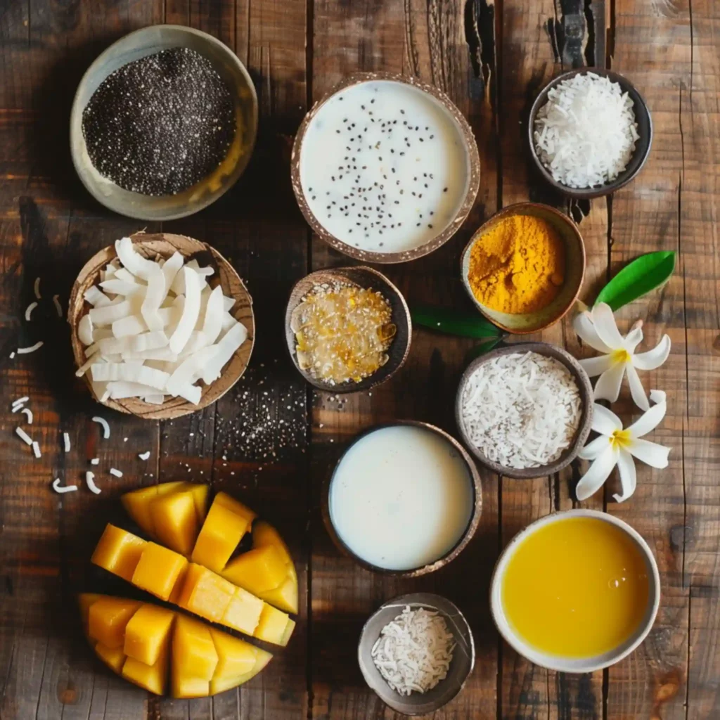 Ingredients for chia seed pudding with coconut milk and mango