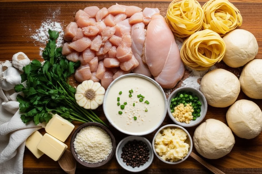 Ingredients for Chicken Alfredo Garlic Bread Bowls arranged on a wooden table
