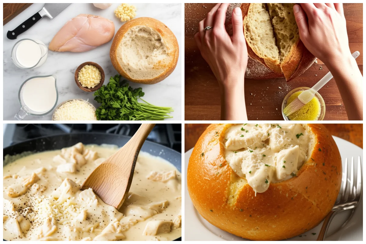 Close-up of Chicken Alfredo Garlic Bread Bowls being filled with creamy sauce