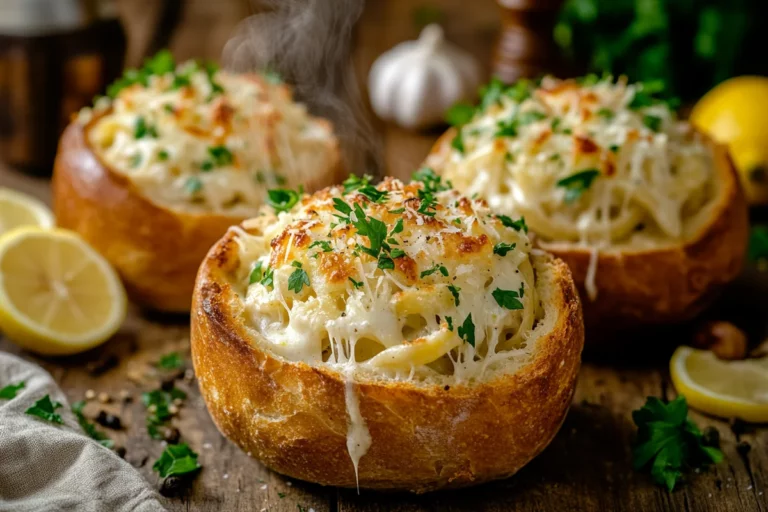 Chicken Alfredo Garlic Bread Bowls - Easy homemade recipe