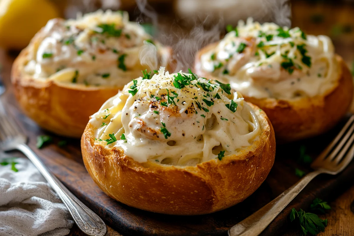 Finished Chicken Alfredo Garlic Bread Bowls served on a rustic table