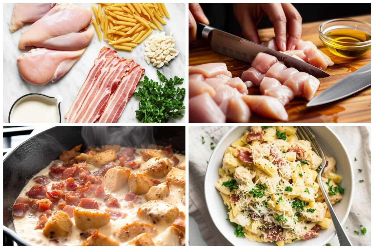 Close-up of Chicken Bacon Ranch Pasta being tossed in a skillet