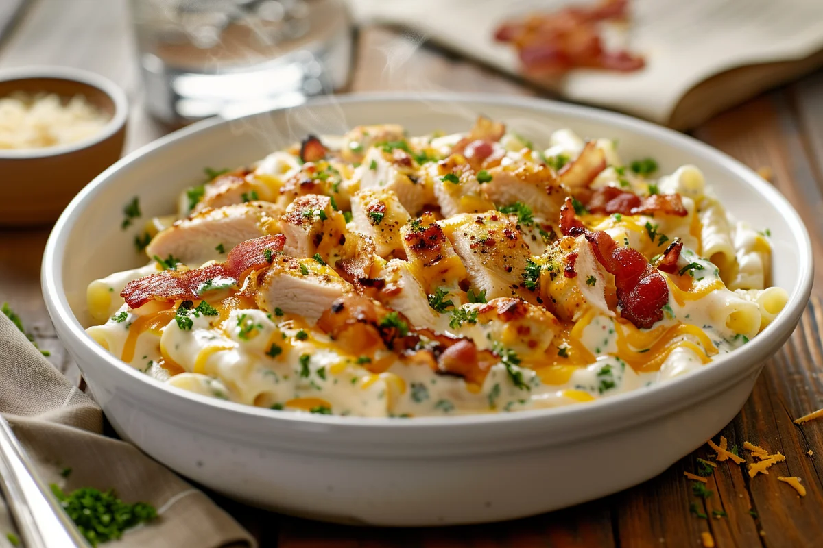 All ingredients for Chicken Bacon Ranch Pasta laid out on a counter