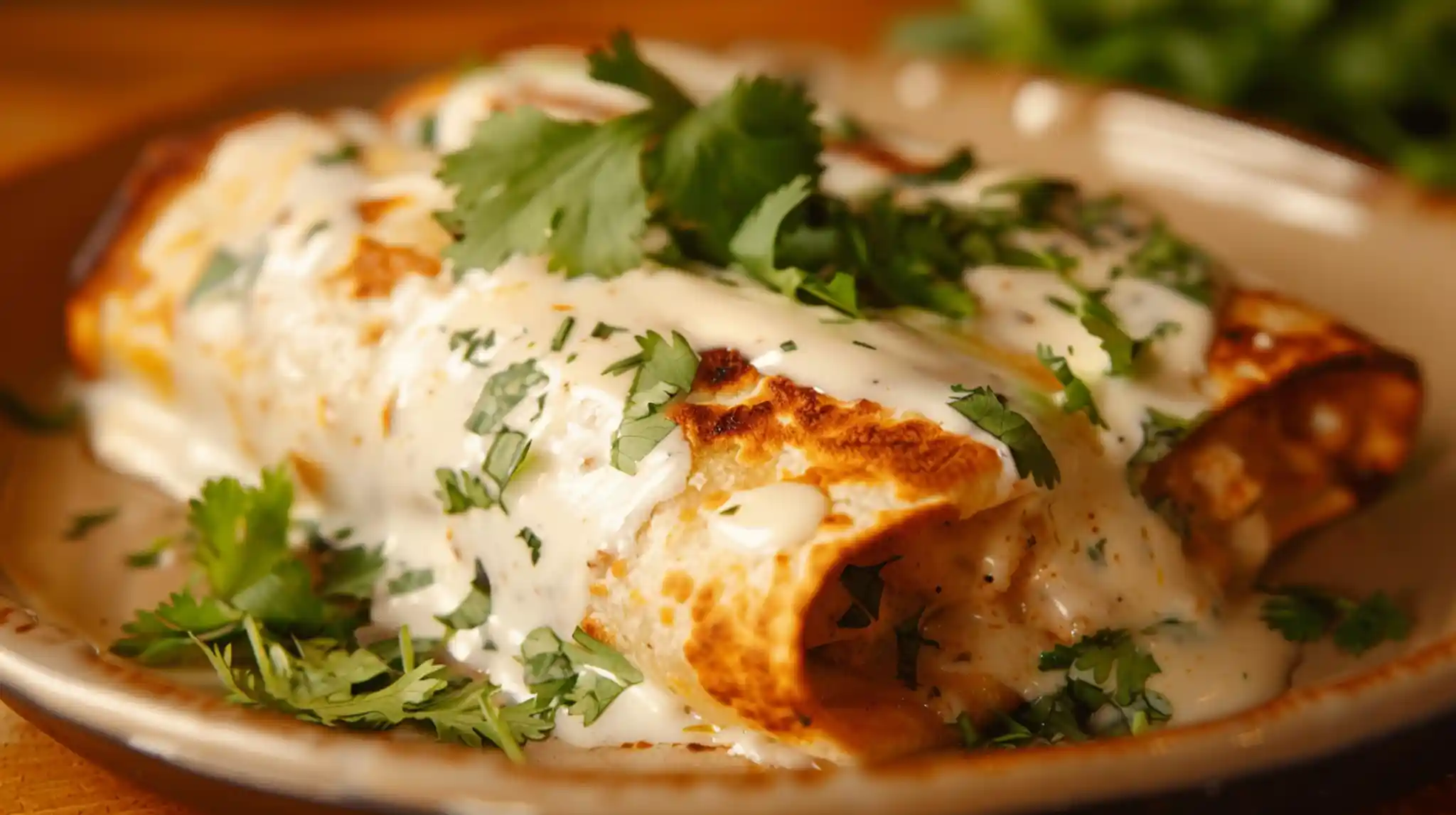 Chicken chimichanga with white sauce topped with cilantro
