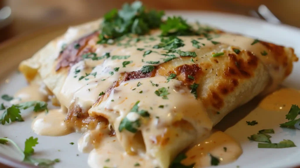 chi-chi's Chicken chimichangga with wite sauce and herbs