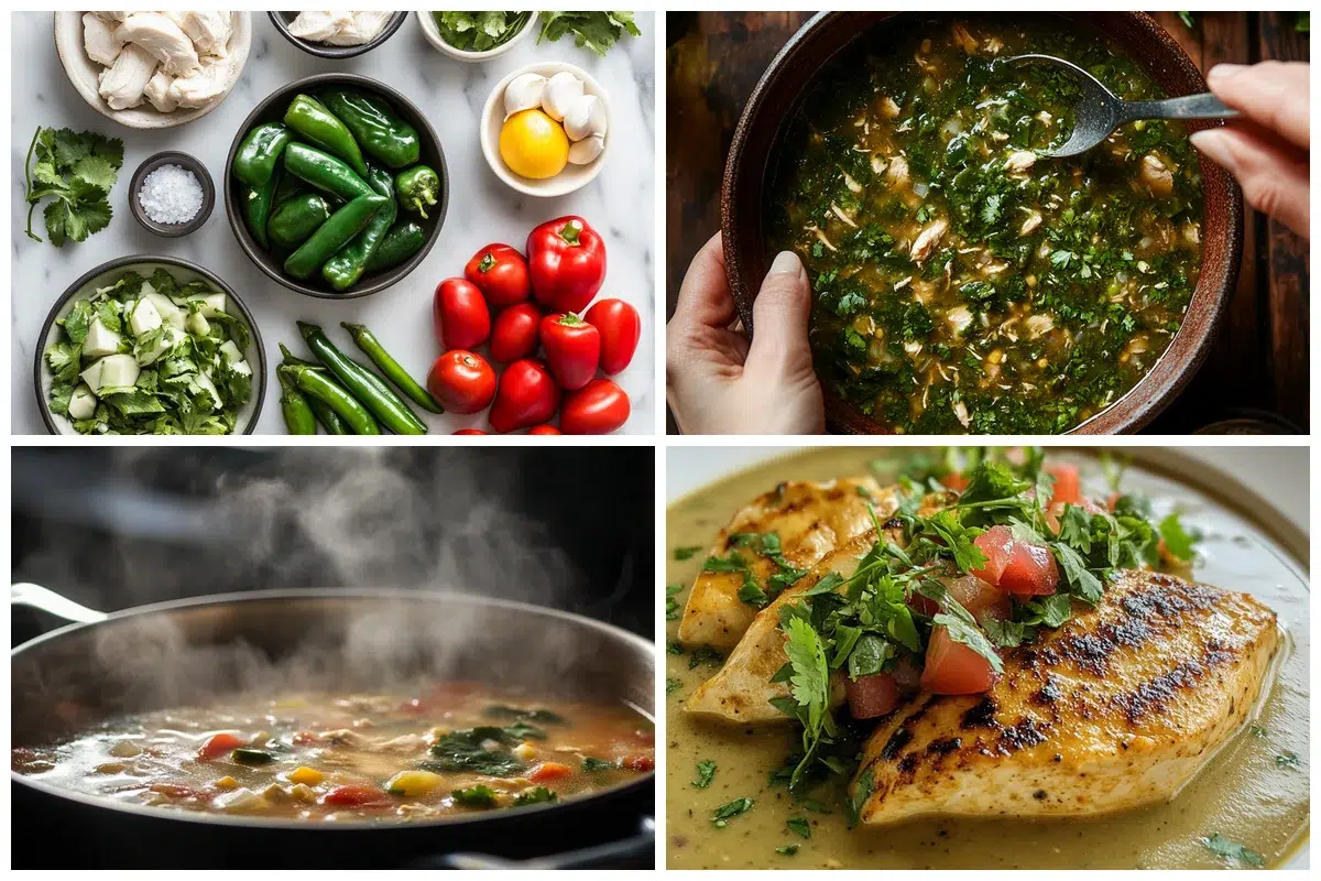 Cooking Chicken Poblano Soup step by step, with charred poblanos and simmering pot