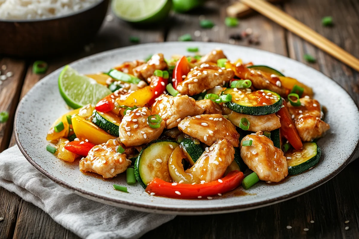 Finished Chicken Zucchini Stir Fry plated beautifully