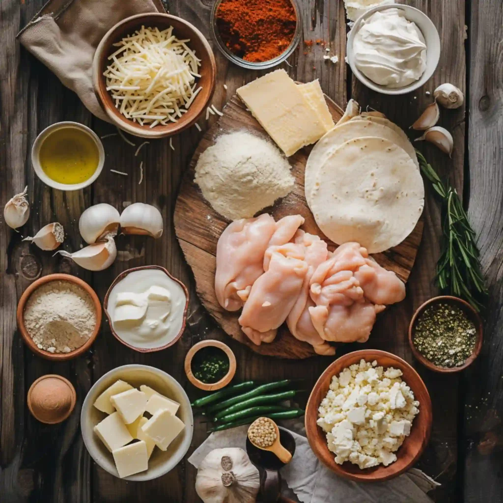 Chimichanga ingredients including chicken, tortillas, cheese, and spices