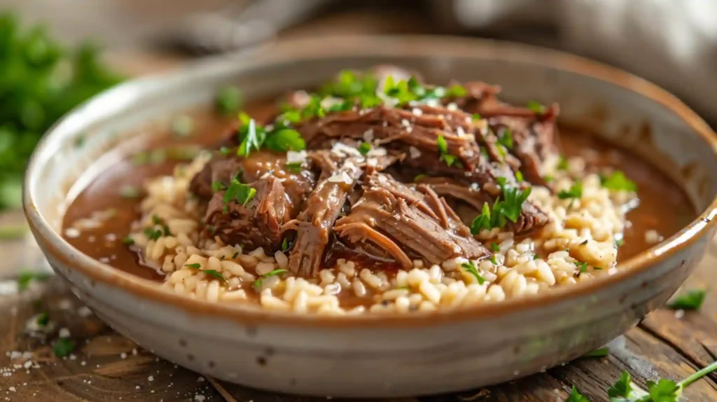 Cozy Italian-inspired pot roast and risotto dinner in a rustic bowl