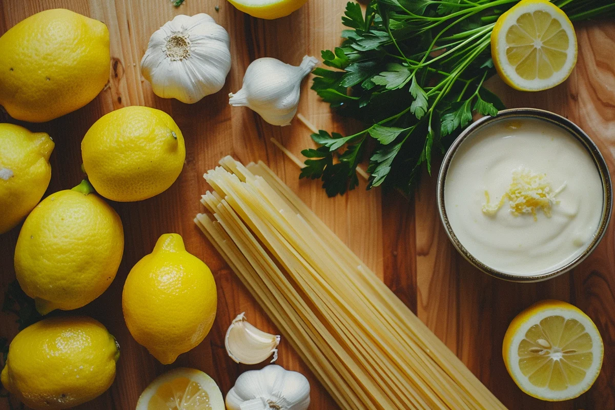 Close-up of Creamy Meyer Lemon Pasta with fresh herbs