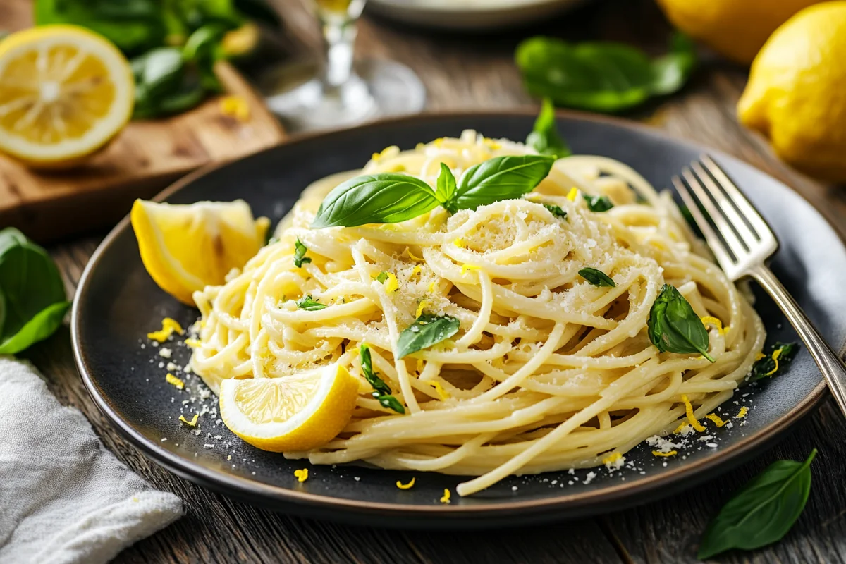 Finished Creamy Meyer Lemon Pasta with garnish