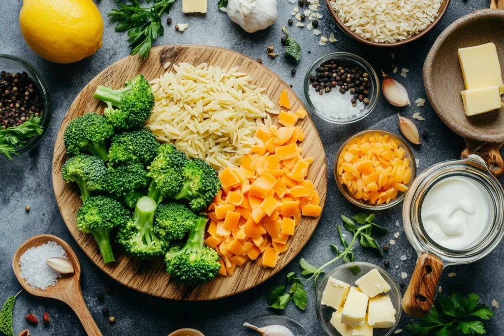 Ingredients for Creamy One-Pot Broccoli Cheddar Orzo