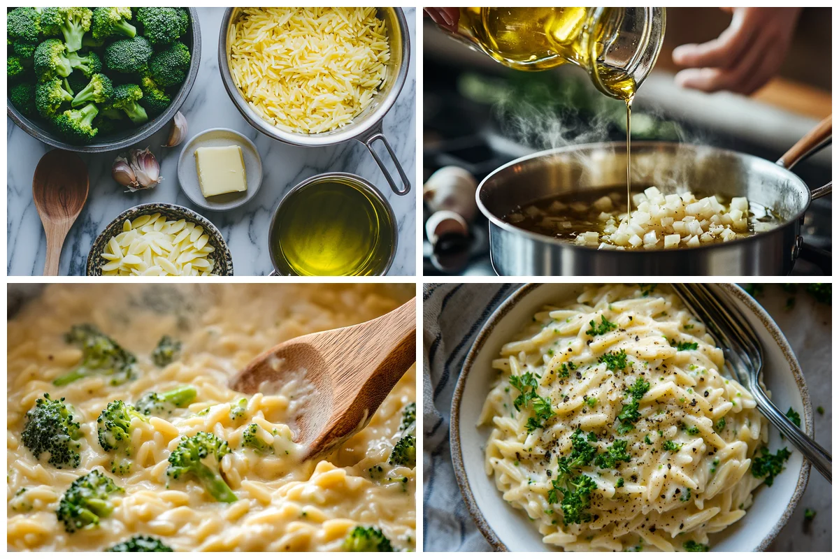 Fresh ingredients for Creamy One-Pot Broccoli Cheddar Orzo arranged on a wooden table