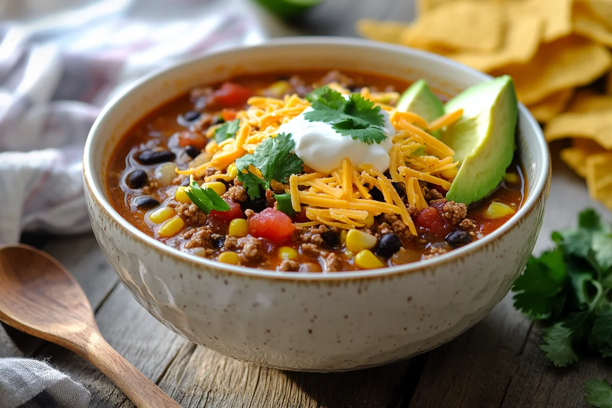 Finished Creamy Taco Soup with all toppings