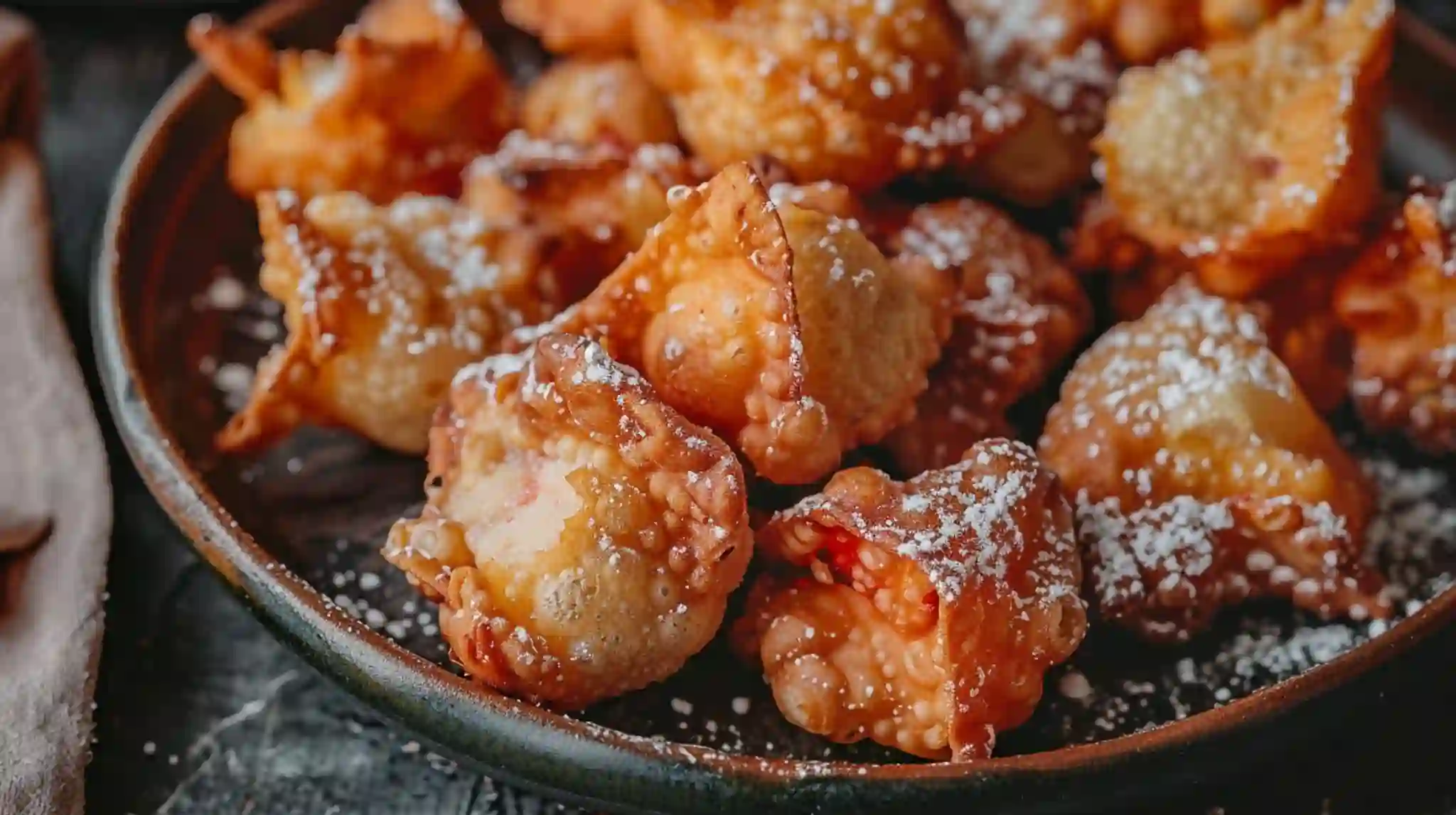 Deep fried strawberry cheesecake stuffed wonton bites dusted with powdered sugar