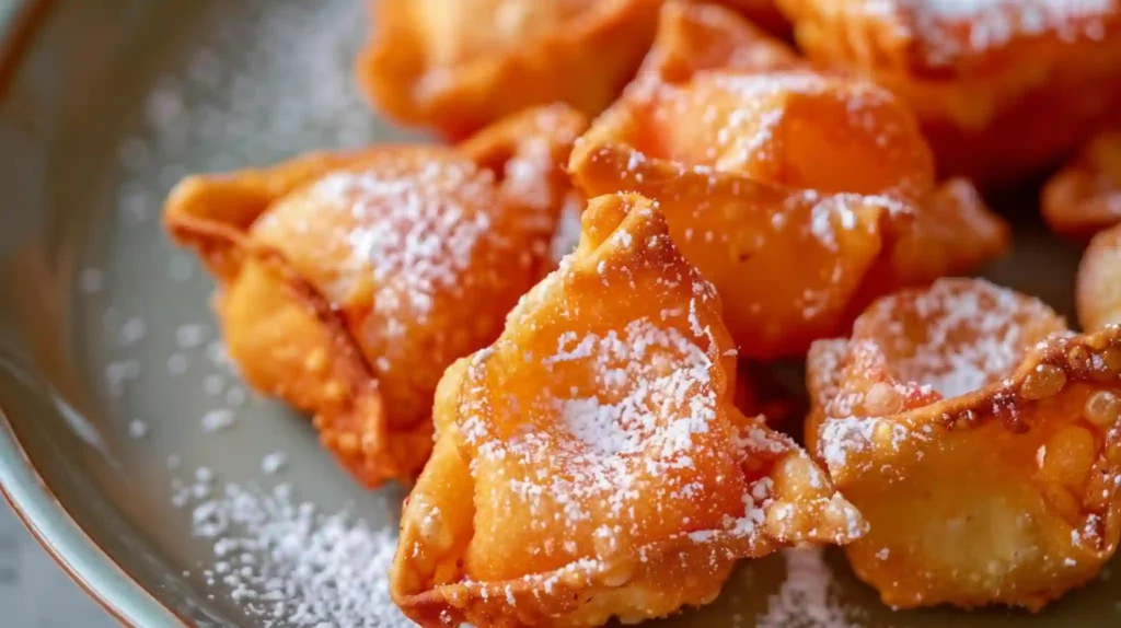 Bowl of deep fried strawberry cheesecake stuffed wonton bites