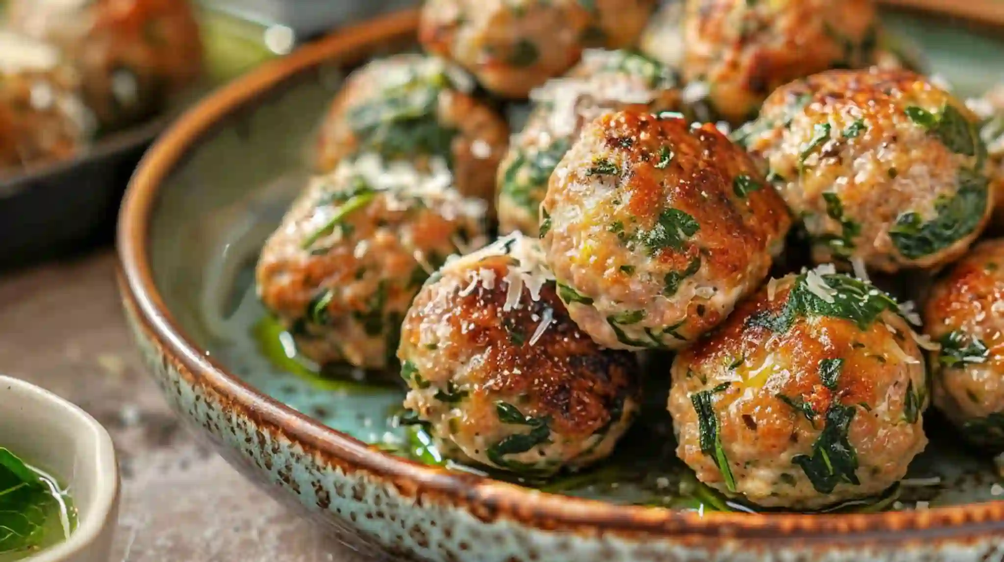 Easy spinach garlic meatballs served golden brown in a rustic bowl