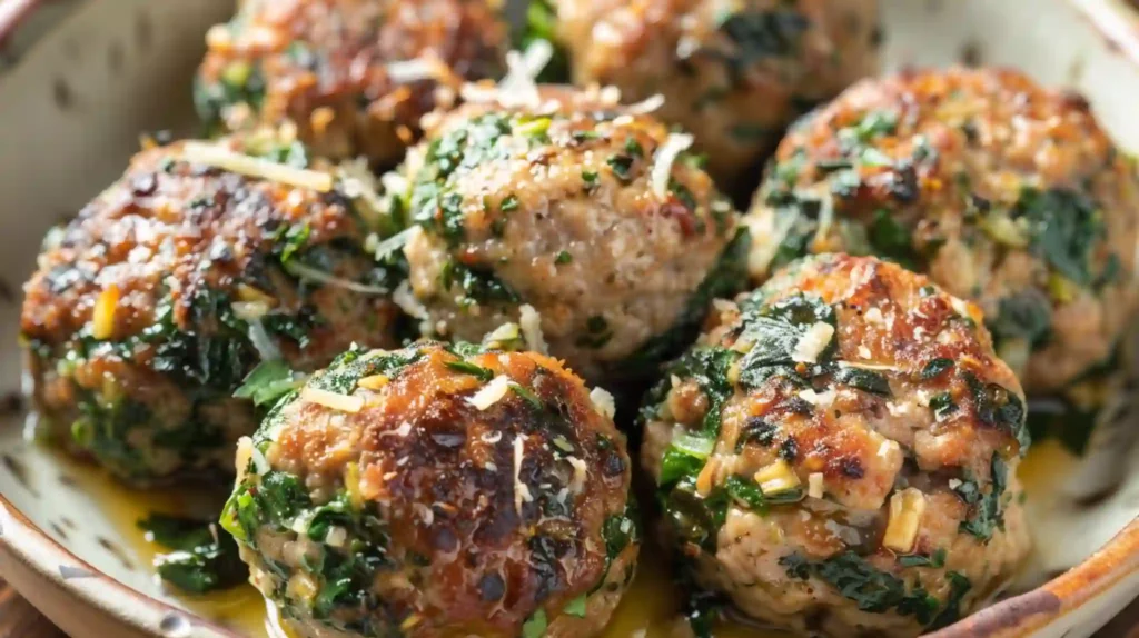Bowl full of easy spinach & garlic meatballs with grated parmesan