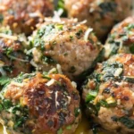 Bowl full of easy spinach & garlic meatballs with grated parmesan